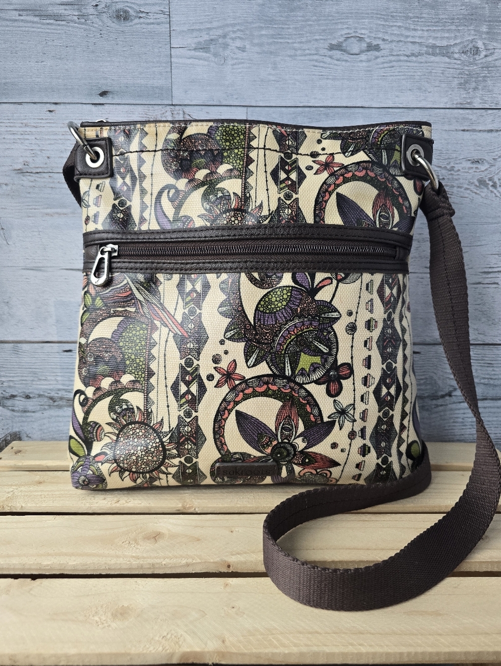 Sakroots Artist Circle Flat Crossbody Bag Flower Power Owl Bohemian Print